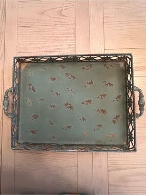 Distressed Decorative Turquoise Metal Serving Tray with Handles
